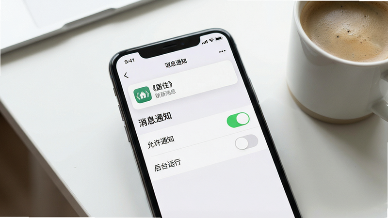 主体:一部手机正在运行《居住》应用,屏幕显示“消息通知”设置页面,背景是简洁的书桌。布局:手机位于画面中央,屏幕内容清晰展示“允许通知”开关以及“后台运行”选项。排版:界面简洁,开关按钮呈绿色开启状态。风格:实用主义摄影风格,光线柔和,画面干净。细节:通知栏有《居住》新消息提醒图标,旁边有一杯咖啡。画质:高清,焦点集中在手机屏幕,无多余元素。