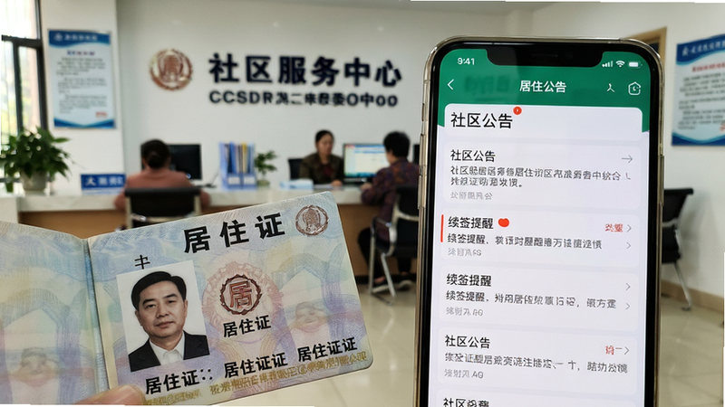 主体:一本打开的居住证和手机上的《居住》APP界面,背景是社区服务中心场景。布局:居住证位于画面左下角,手机位于右侧,屏幕显示“社区公告”列表。排版:画面均衡,证件上的照片和文字清晰可见,公告列表有“续签提醒”条目。风格:纪实摄影风格,自然光,细节丰富。细节:居住证上的“居住证”字样明显,手机界面有红色未读标记。画质:高清,无多余元素。
