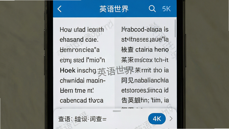 主体:智能手机屏幕特写,显示《英语世界》应用的双语对照阅读界面,左侧英文右侧中文,底部有查词弹窗;布局:手机居中,界面元素清晰;排版:对照排版整齐;风格:界面截图风格;细节:屏幕上有“英语世界”水印字样;画质:4k,干净,无多余元素