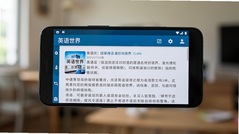 主体:一部安卓手机横屏显示《英语世界》应用的文章阅读界面,背景是模糊的室内环境;布局:手机居中,横向构图;排版:界面清晰;风格:生活化场景;细节:手机屏幕上有“英语世界”应用名称和文章段落;画质:高清,干净无多余元素
