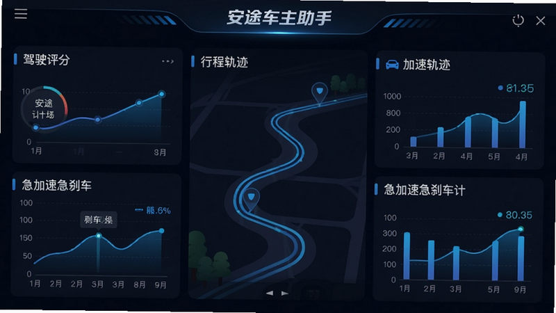 一张展示安途车主助手驾驶辅助功能的界面截图,界面显示驾驶评分、行程轨迹、急加速急刹车统计等数据图表,风格科技感强,以深色背景搭配蓝色数据线条,画面干净整洁,突出“安途车主助手”品牌。