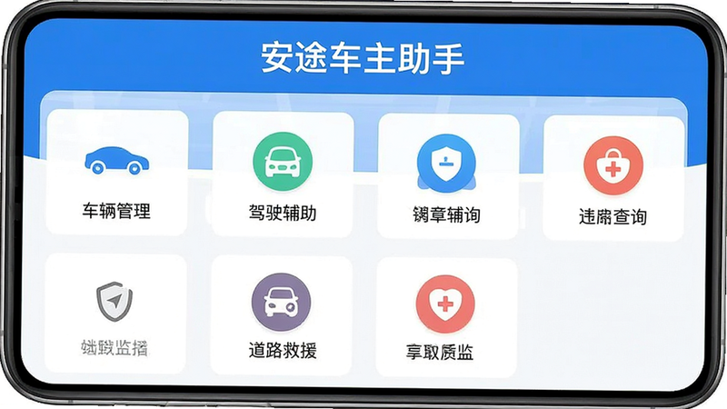 一张展示安途车主助手应用主界面的高清截图,界面布局清晰,包含车辆管理、驾驶辅助、违章查询、道路救援等主要功能图标,整体风格简洁现代,以蓝色和白色为主色调,画面干净无多余元素,画质清晰,突出“安途车主助手”品牌名称。