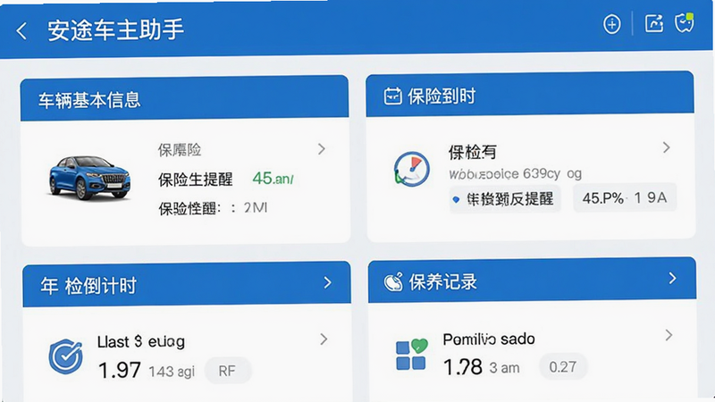 一张展示安途车主助手车辆管理功能的界面截图,界面显示车辆基本信息、保险到期提醒、年检倒计时、保养记录等模块,数据清晰,界面设计简洁直观,以蓝色为点缀色,整体风格干净专业,无多余元素,画质清晰。