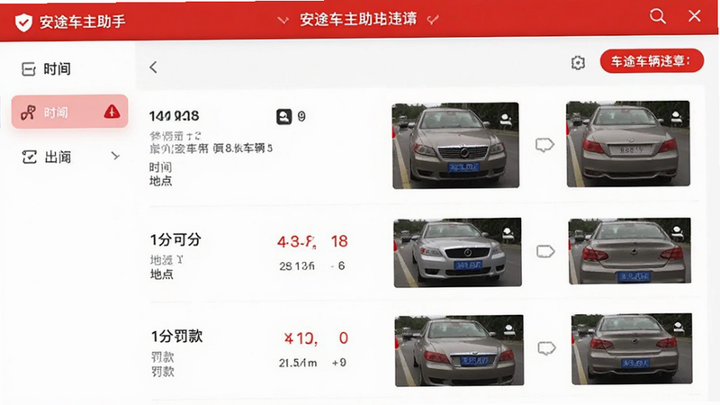 一张展示安途车主助手违章查询功能的界面截图,界面显示车辆违章列表,每条违章包含时间、地点、扣分和罚款信息,配有违章图片预览,界面简洁明了,以红色突出违章状态,整体风格清晰专业。