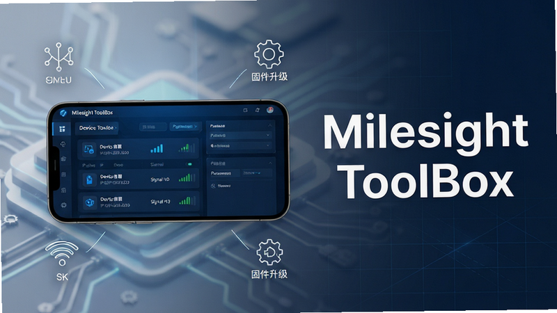主体:Milesight ToolBox软件界面展示在智能手机屏幕上,手机位于画面中央,屏幕中显示设备列表和参数配置页面,页面风格为深蓝色科技感UI。布局:手机横置展示,周围环绕简洁的线条图标,代表网络连接、设备管理、固件升级等功能。排版:画面左侧放置手机,右侧留白区域用大号字体标注“Milesight ToolBox”,字体为现代无衬线体,颜色为白色。风格:科技感、商业感、高清渲染、光影柔和。细节:屏幕内容清晰可辨,包括设备名称、IP地址、信号强度图标,背景带有微弱的网格线,体现智能化与专业性。画质:8K超高清,画质细腻,干净无多余元素。