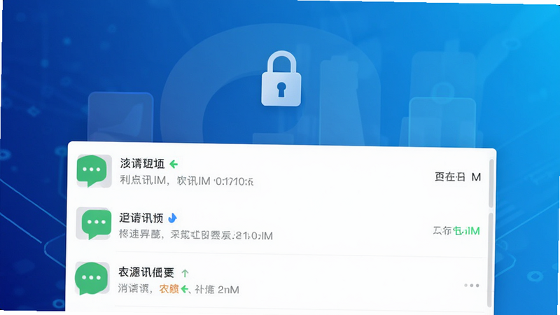 有讯IM主界面预览图,展示简洁的聊天列表,顶部有加密锁图标,背景为科技蓝渐变,整体风格现代干净,高画质,无多余元素