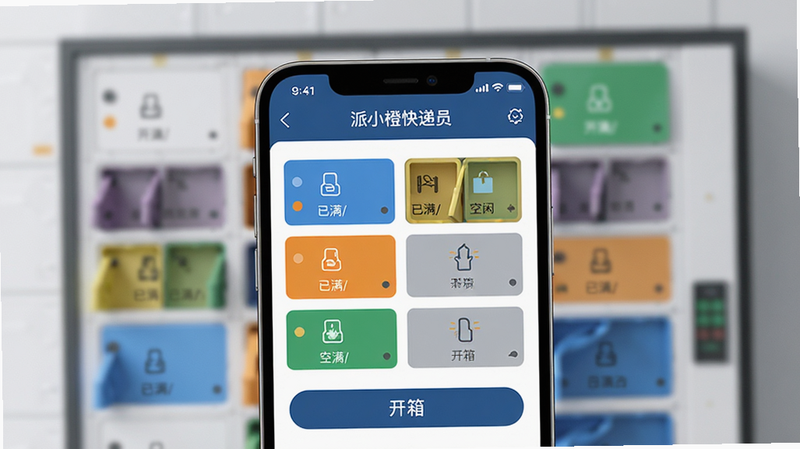 主体:智能手机屏幕显示“派小橙快递员”快递柜管理界面,界面中有多个格口状态图标和“远程开箱”按钮;布局:手机居中,背景为快递柜实体;排版:前景手机大特写,后景快递柜虚化;风格:科技感、简洁;细节:界面中格子颜色区分已满/空闲,按钮上有“开箱”字样;画质:高清、干净、无多余元素