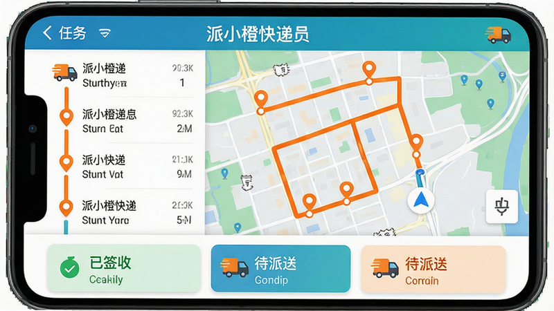 主体:手机地图界面显示多条配送路线和多个任务点,顶栏有“派小橙快递员”文字;布局:地图占满屏幕,底部有任务卡片;排版:左侧任务列表,右侧地图导航;风格:扁平化、色彩鲜明;细节:路线线为橙色,任务点用圆点标记,底部卡片显示“已签收”“待派送”状态;画质:高清、干净、无多余元素