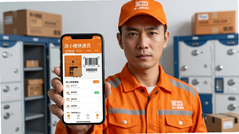 主体:一位身穿橙色工服的快递员手持智能手机,手机屏幕清晰显示“派小橙快递员”应用界面,界面中有快递柜开箱和派件列表;布局:快递员居中,周围是小区快递柜和待派包裹;排版:前景聚焦手机屏幕,后景虚化快递柜;风格:写实、明亮、专业;细节:手机界面显示“派小橙快递员”字样和条形码,快递员表情专注;画质:高清、干净、无多余元素