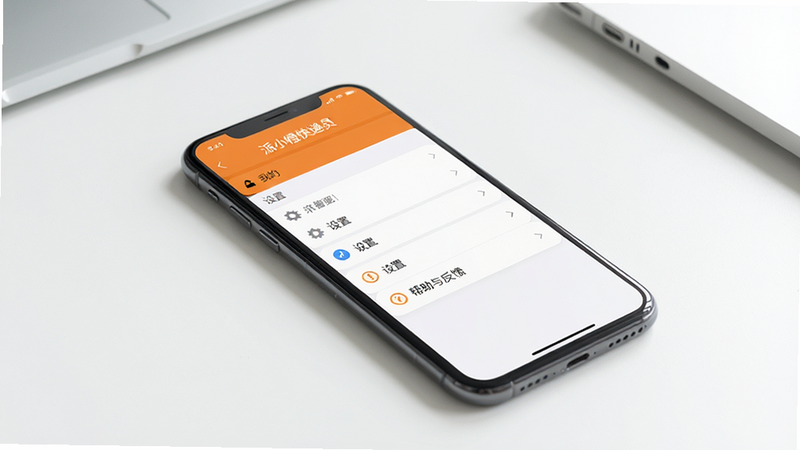 主体:一部智能手机平放在桌面,屏幕显示“派小橙快递员”的“我的”页面,页面中有“设置”和“帮助与反馈”选项;布局:手机居中,背景为简约办公桌;排版:手机特写,周围无杂物;风格:干净、明亮;细节:屏幕清晰可见“派小橙快递员”字样,设置菜单列表显示;画质:高清、干净、无多余元素