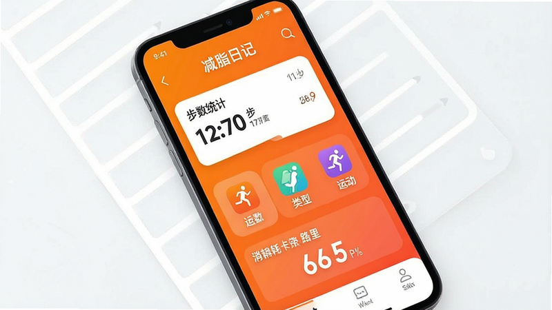 一张手机应用界面设计图,展示“减脂日记”的运动追踪功能,界面包含步数统计、运动类型图标和消耗卡路里数字,背景为活力橙色渐变,布局动感,风格现代,细节清晰,画质干净,无多余元素