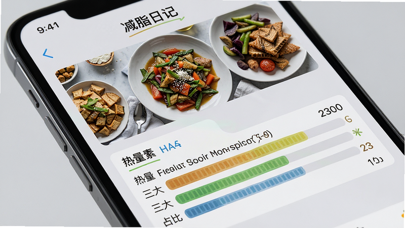 一张手机屏幕特写,显示“减脂日记”应用中的饮食记录界面,上方是食物照片,下方显示热量和三大营养素占比条,背景为干净的浅灰色,布局清晰,风格写实,细节丰富,画质高清,无多余元素