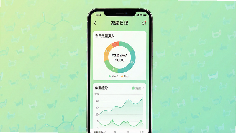 一张现代简约风格的手机应用界面预览图,屏幕中央显示“减脂日记”应用主界面,包含当日热量摄入环状图表、体重趋势折线图,背景为清新的淡绿色渐变,界面布局整齐,色彩柔和,风格扁平化,细节饱满,画质干净,无多余元素