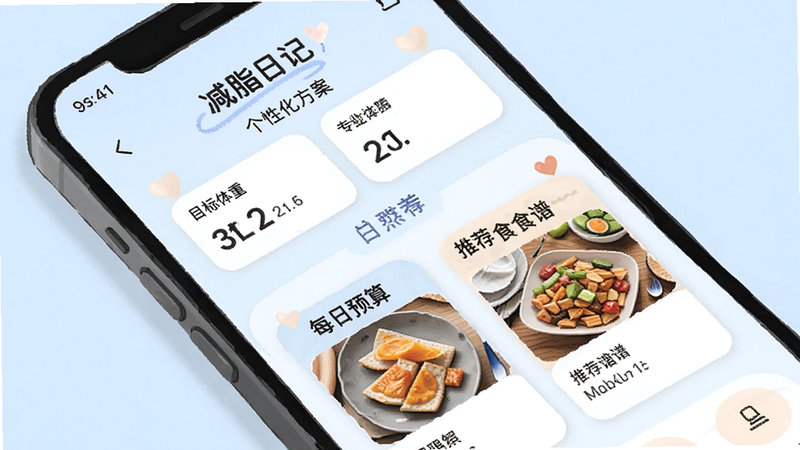 一张手机应用界面插画,显示“减脂日记”的个性化方案页面,包含目标体重、每日预算和推荐食谱卡片,背景为淡蓝色,布局简约,风格温馨,细节丰富,画质干净,无多余元素