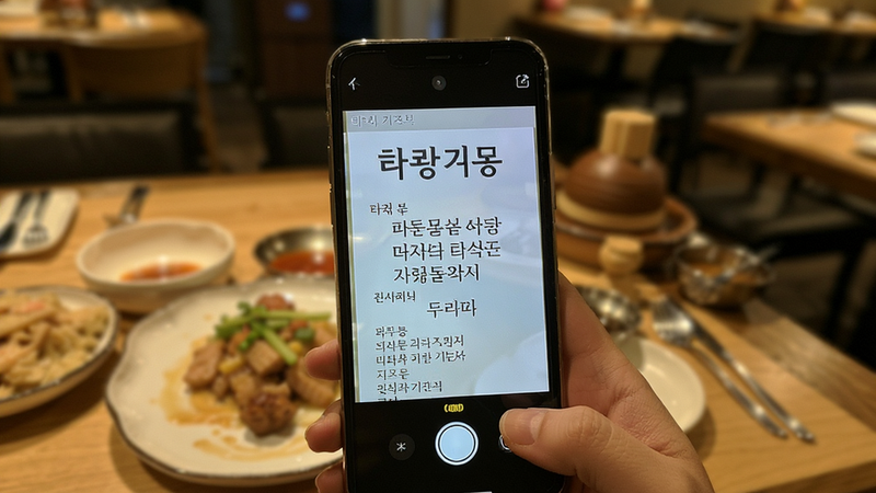 韩语翻译器拍照翻译功能演示图,手机对准韩文菜单拍照,屏幕显示翻译后的中文结果,餐厅环境,食物虚化,界面清晰,色彩自然,画质干净,无多余元素