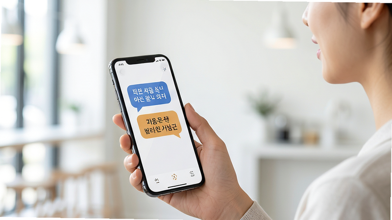 韩语翻译器语音同传功能使用场景图,人物手持手机说话,屏幕显示韩语与中文对照翻译气泡,背景虚化,现代简约风格,画面明亮,细节丰富,画质干净,无多余元素