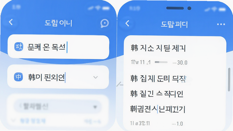 韩语翻译器应用主界面预览图,展示中韩双语输入框与翻译结果区域,界面简洁清新,蓝白配色,手机竖屏布局,图标圆润,文字清晰,画质干净,无多余元素