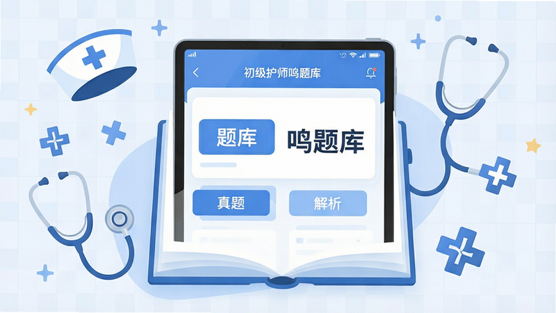 主体:一本打开的电子书,屏幕中显示“初级护师鸣题库”App界面,周围悬浮着护士帽、听诊器、医学符号;布局:中心构图,软件界面占主体,四周点缀医学元素;排版:简洁清晰,文字醒目;风格:现代扁平插画风,色彩柔和,以蓝白为主;细节:界面上有“题库”、“真题”、“解析”等字样,背景有淡淡的网格纹理;画质:高清,干净,无多余元素