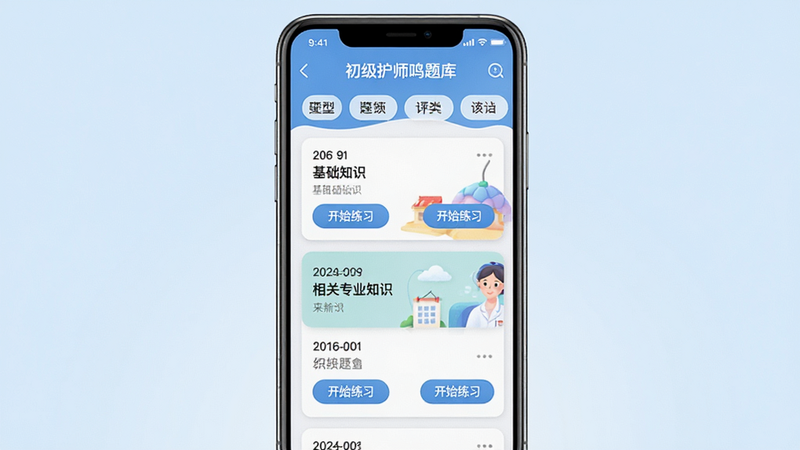 主体:手机屏幕展示“初级护师鸣题库”的题库列表界面,上方为分类标签,下方为题目卡片;布局:手机居中,背景为淡蓝色渐变;排版:列表式布局,清晰展示题目编号和类型;风格:写实与插画结合,明亮清晰;细节:题目卡片显示“基础知识”、“相关专业知识”等分类,卡片上有“开始练习”按钮;画质:高清,干净,无多余元素