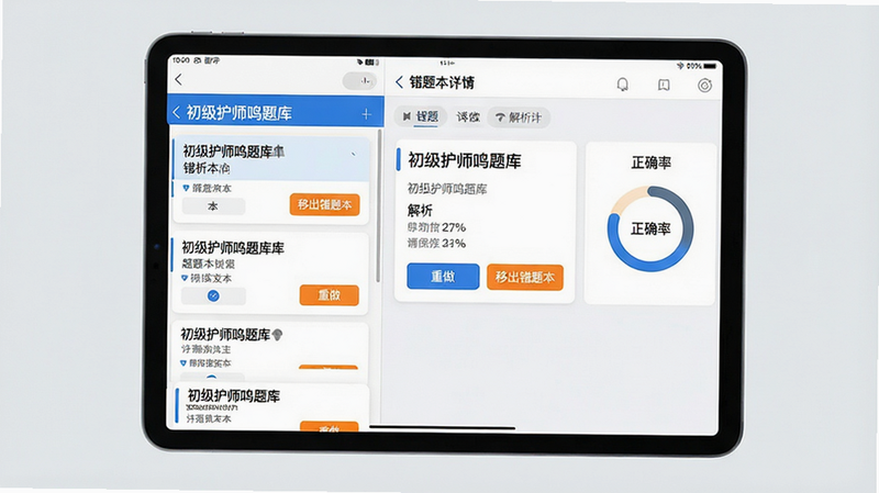 主体:平板电脑屏幕展示“初级护师鸣题库”的错题本界面,左侧为错题列表,右侧为答题详情;布局:左右分栏,平板居中,背景为浅灰色;排版:错题卡片显示题目和解析,清晰易读;风格:简约商务风,配色以白、蓝、橙为主;细节:错题卡片上有“重做”、“移出错题本”按钮,右侧有“正确率”环形图;画质:高清,干净,无多余元素
