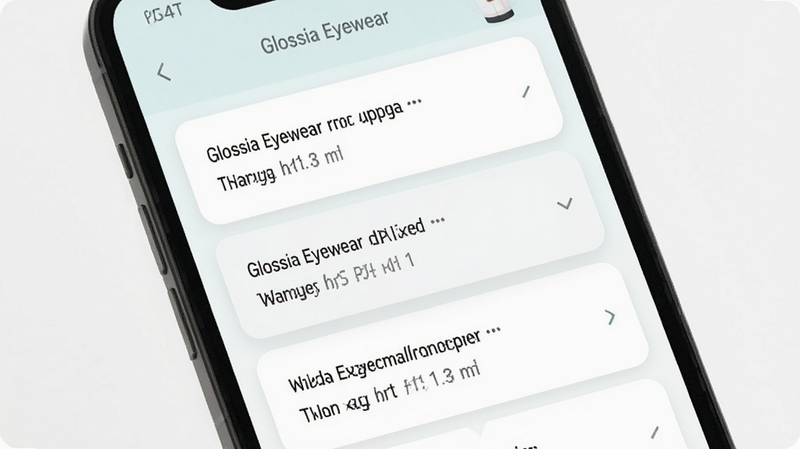 Glossia Eyewear 用户答疑界面预览图,主体为手机屏幕显示常见问题列表,布局采用卡片式设计,排版清晰,风格清新简洁,细节包含问题与答案的折叠动画,画质高清,无多余元素