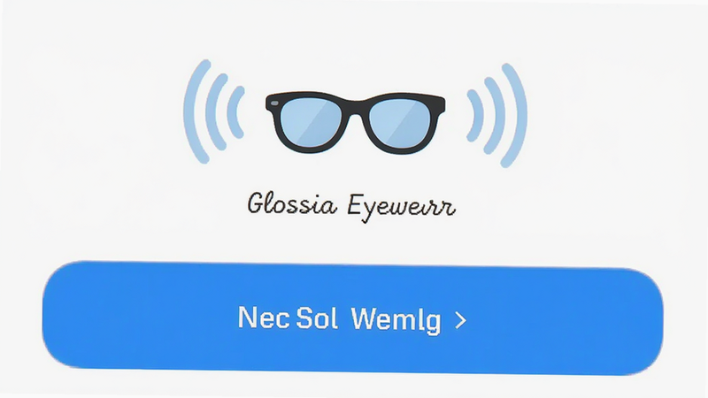 产品功能预览图,主体为Glossia Eyewear应用界面中的蓝牙配对页面,布局采用上下结构,上方是眼镜设备图标,下方是醒目的连接按钮,排版清晰明了,风格为扁平化UI设计,细节包含信号波纹动画效果,画质干净,无多余元素