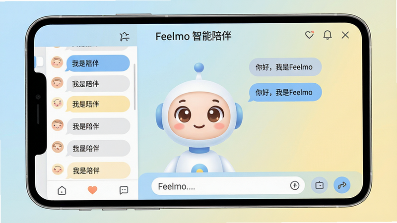 主体:Feelmo应用主界面,展示一个温馨的对话场景,一个可爱的虚拟助手形象在屏幕中央微笑。布局:左侧为对话列表,右侧为聊天窗口,底部有输入框和功能按钮。排版:清晰的分栏结构,对话气泡采用圆角设计,色彩柔和。风格:扁平化设计,搭配淡蓝色和浅黄色渐变背景,整体明亮温暖。细节:虚拟助手有大眼睛和柔和的面部表情,对话气泡中有文字“你好,我是Feelmo”,屏幕顶部显示“Feelmo 智能陪伴”。画质:高清,干净,无多余元素。