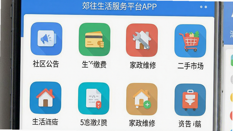 画面主体为郊往生活服务平台APP界面,展示聚合服务列表,包括“社区公告”、“生活缴费”、“家政维修”、“二手市场”等分类图标。布局采用网格排列,每个图标下配有简短文字说明。排版整齐统一,采用扁平化设计风格,主色调为蓝色和白色,图标色彩鲜明,细节丰富。画质清晰干净,无多余装饰元素,突出功能性和实用性。