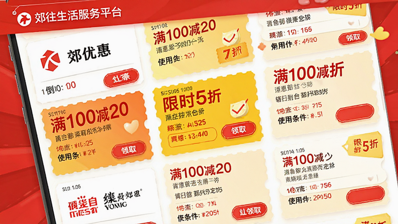 画面主体为郊往生活服务平台优惠券页面,展示各类商家优惠券卡片,带有“满100减20”、“限时5折”等标签。布局为列表式,每张卡片包含商家Logo、优惠信息和使用条件。排版清晰,采用红黄配色突出促销氛围,风格活泼。细节包括倒计时和领取按钮,画质高清,无多余元素。