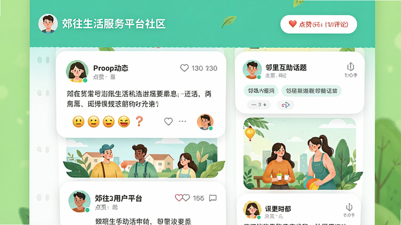 画面主体为郊往生活服务平台社区互动界面,展示用户动态卡片、点赞评论按钮以及邻里互助话题标签。布局采用瀑布流形式,色彩明亮活泼,人物头像采用插画风格。排版注重信息层级,标题与正文区分明显。风格清新自然,细节包括表情符号和定位标记,画质高清干净,无多余元素。