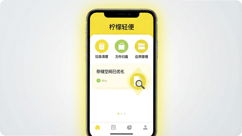 主体:手机屏幕展示柠檬轻便主界面,界面顶部有