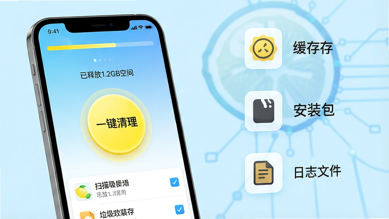 主体:手机屏幕显示柠檬轻便垃圾清理界面,中央有一个大的圆形清理按钮,按钮上写着