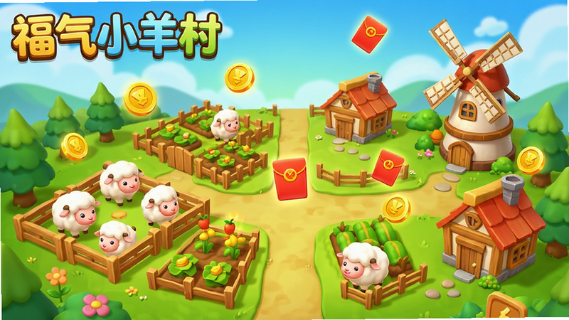 福气小羊村游戏主界面全景预览图,主体是色彩鲜艳的卡通小羊村庄,村庄里有羊圈、农田、风车、小木屋等建筑,布局错落有致,画面中漂浮着金币和红包图标,整体风格明亮活泼,细节丰富,画质高清,干净无多余元素,图片上带有“福气小羊村”字样作为标题。