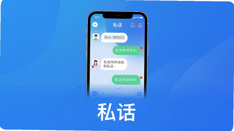 主体:私话APP界面展示,手机屏幕显示私话聊天窗口,背景为渐变蓝色。布局:手机居中,屏幕内容清晰可见,周围留白。排版:手机大图展示,下方配以“私话”文字标识。风格:现代简约,科技感。细节:界面图标清晰,对话气泡圆润,消息提示红点。画质:高清,干净,无多余元素。