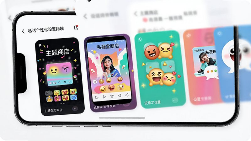 主体:私话个性化设置界面,手机屏幕展示主题商店和气泡样式。布局:色彩斑斓,主题卡片横向排列。风格:活泼、时尚。细节:多彩主题预览,动态表情包展示,设置选项。画质:高清,干净,无多余元素。