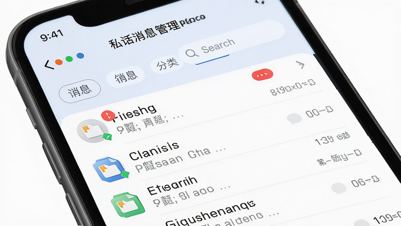 主体:私话消息管理界面,手机屏幕显示会话列表和消息分类标签。布局:列表清晰,标签位于顶部。风格:清爽、高效。细节:未读消息红色角标,文件缩略图,搜索框。画质:高清,干净,无多余元素。