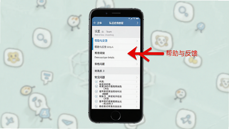 主体:私话使用教程示意图,手机屏幕显示设置菜单中的“帮助与反馈”选项。布局:屏幕居中,菜单列表清晰。风格:简洁、实用。细节:红色箭头指向“帮助与反馈”,下方有“常见问题”列表。画质:高清,干净,无多余元素。