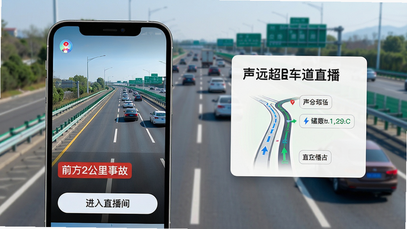主体:智能手机屏幕展示声远超车道直播界面,背景为高速公路实景直播画面,画面中清晰可见车道标线与前方车流。布局:手机居中偏左,右侧悬浮路况信息卡片,顶部有“声远超车道直播”字样。排版:界面简洁,信息层级分明,突出直播画面与路况提示。风格:现代科技感,色彩明亮,写实风格。细节:屏幕内显示“前方2公里事故”红色预警标签,底部有“进入直播间”按钮。画质:4K超清,干净整洁,无多余元素。