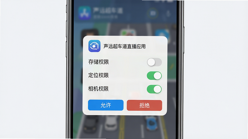 主体:声远超车道直播应用在手机上的安装界面,显示权限请求弹窗。布局:手机屏幕居中,弹窗列出“存储权限”“定位权限”“相机权限”三个开关。排版:弹窗下方有“允许”与“拒绝”按钮。风格:简洁明快。细节:弹窗顶部有应用图标与名称,背景模糊处理。画质:超清,无多余元素。