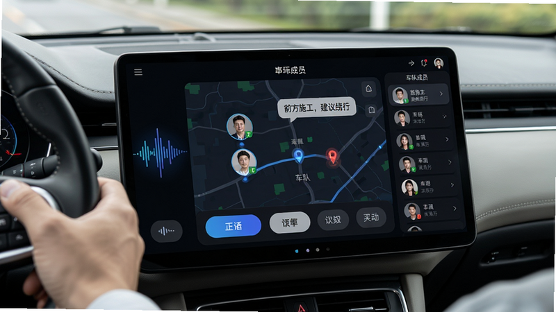 主体:驾驶员在车内使用声远超车道直播的语音互动界面,屏幕显示车队成员位置地图。布局:中控屏幕为主视觉,左侧有语音波形动画,右侧显示车队成员列表。排版:界面简洁,大按钮设计便于驾驶操作。风格:科技感,深色主题。细节:地图上显示三个队友头像,语音气泡提示“前方施工,建议绕行”。画质:高清,车内光线自然,无多余元素。