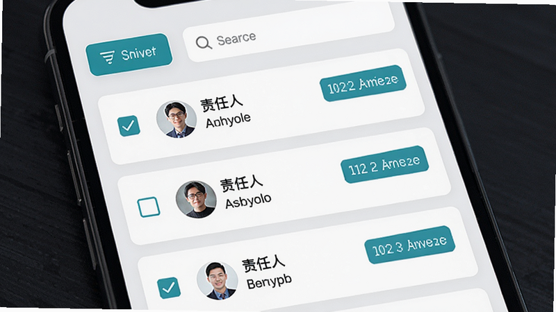 公擎任务管理功能界面展示图,主体为手机应用内的任务列表页面,每行任务带有复选框、责任人头像与截止日期标签,顶部有筛选按钮和搜索框,背景浅灰,卡片式设计,蓝绿色强调色,画质清晰,无多余元素