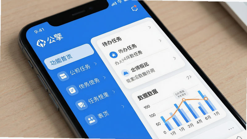 一张展示公擎APP主界面的高清截图,主体为手机屏幕内的应用首页,采用左右分栏布局,左侧为功能菜单列表,右侧为待办任务与数据图表卡片,整体风格简洁现代,蓝白配色为主,图标线条圆润,画质干净,无多余元素,图片中显示文字“公擎”