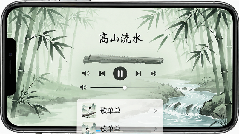 主体:手机播放器界面,显示古琴曲目名称“高山流水”,背景为竹林流水图。布局:中央为播放控制区,下方为歌单列表。排版:简洁,音量条与进度条精致。风格:水墨竹林,淡雅绿意。细节:竹叶摇曳,流水潺潺。画质:高清,干净,无多余元素。