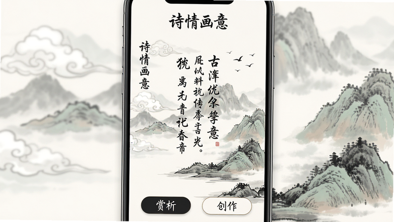 主体:一款名为“诗情画意”的安卓应用界面,展示古风山水画与诗词排版。布局:居中显示手机模型,屏幕内呈现水墨山水背景,搭配竖排诗句文字,下方有“赏析”“创作”按钮。排版:简洁留白,文字与画面比例协调。风格:中国风,水墨淡彩,雅致。细节:山峦云雾、飞鸟、毛笔字迹清晰可见。画质:高清,干净,无多余元素。