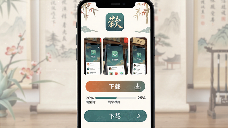 主体:手机屏幕展示软件下载页面,有“下载”按钮和安装进度条。布局:页面顶部为软件logo,中部为功能预览图,底部为下载按钮。排版:清晰简洁,按钮突出。风格:现代扁平化,配色古风。细节:下载进度百分比、剩余时间。画质:高清,干净,无多余元素。
