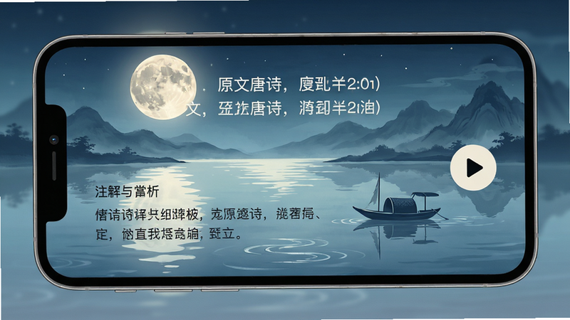 主体:手机界面展示一首唐诗的解析页,背景为AI生成的月夜江景图。布局:上方为诗句原文,下方为注释与赏析,右侧有播放按钮。排版:文字清晰分层,背景淡雅。风格:中国风插画,月光、江水、孤舟。细节:月亮倒影、波纹、远山。画质:高清,干净,无多余元素。