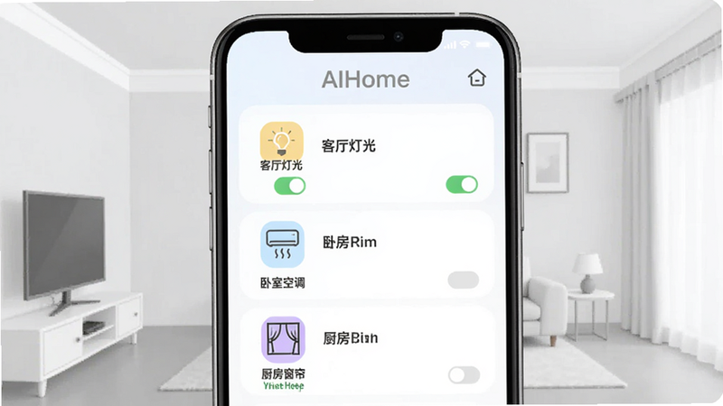 展示AIHome软件中智能设备列表页面的截图风格插画,画面中央是一部手机,屏幕上列出“客厅灯光”、“卧室空调”、“厨房窗帘”等设备图标,每个图标下方有开关状态,背景为简约的浅灰色家居环境,画面干净,突出“AIHome”字样,风格清晰明亮,画质细腻。
