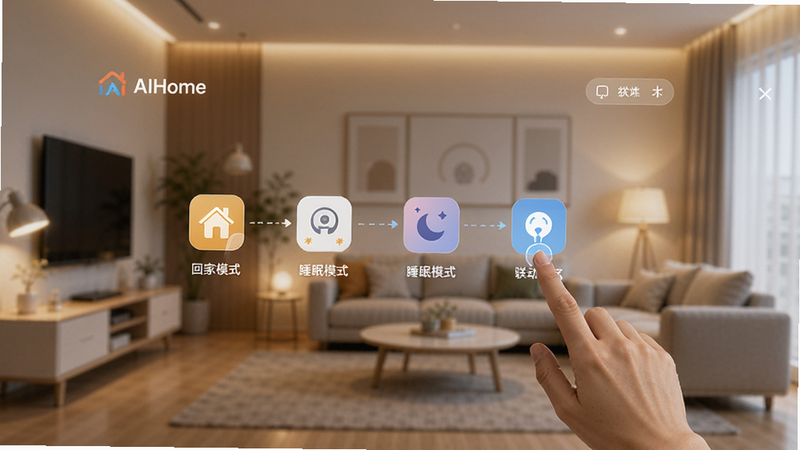 一张展示AIHome智能场景编辑界面的概念图,画面中一位用户的手指正在拖动设备图标形成联动流程,屏幕上有“回家模式”、“睡眠模式”等标签,背景是简约的智能家居客厅,暖色调灯光,整体风格现代,包含“AIHome”品牌标识,画质高清,无多余元素。