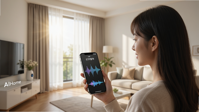 一张展示AIHome语音控制功能的场景图,画面中一位年轻女性对着手机说话,手机屏幕显示语音波形并出现“打开窗帘”反馈,背景是智能客厅,窗帘自动打开,阳光洒入,画面明亮干净,突出“AIHome”标识,风格写实,画质细腻。