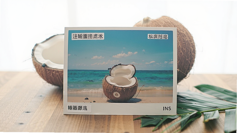 主体:一张由椰子相机处理后的风景照片,展示日系清新滤镜效果,照片放在木桌上,周围有椰子和绿叶装饰,背景为柔和自然光,排版采用居中展示,风格为ins风摄影作品,细节包括滤镜名称标签、色彩鲜艳,画质高清干净,无多余元素